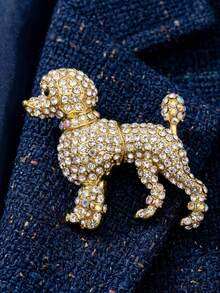 1pc Glamorous Gold Rhinestone Poodle Dog Brooch Pin Vintage Iridescent AB Crystal Animal Lapel Pin Cute Pet Lover Fashion Jewelry Gift Accessories - Multicolor - View 3