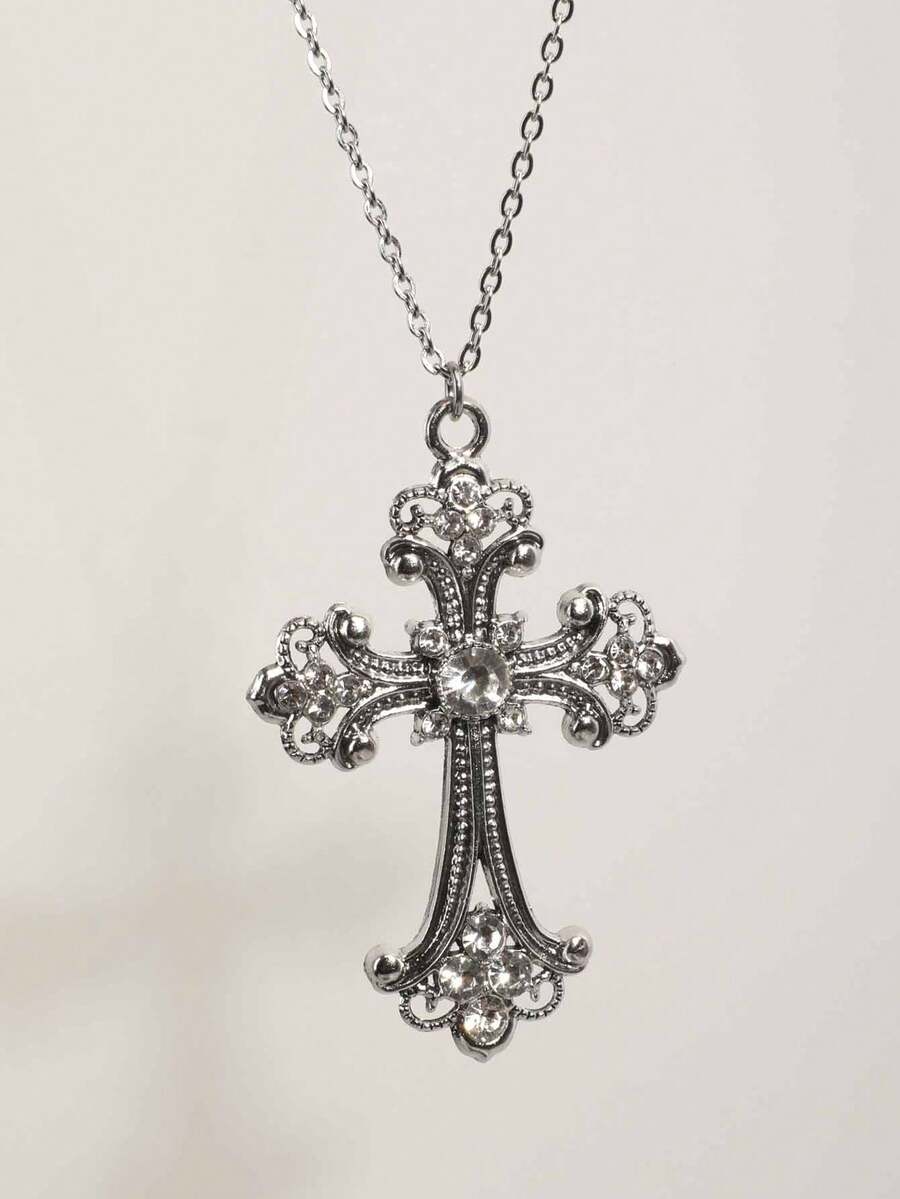 Collar de Cruz con Estilo Gótico Vintage y Pedrería para Hombres - Plateado - Ver 1