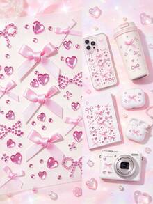 1pc Red Pink Bow Heart Rhinestone Decor Sticker With Tweezers, 3D Self-Adhesive Girly Style Rhinestone Sticker, Laptop Decor Sticker, Phone Decor Sticker, Luxury Elegant 3D Satin Bow With Heart-Shaped Rhinestone Design, Self-Adhesive Easy To Apply, Suitable For Phone, Laptop, Camera, Earphone, Greeting Card, Digital Shell, Gift Box, Container, Craft Decoration - one-size - View 6