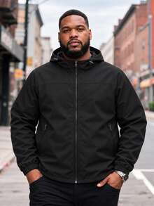 Men's Plus Size Black Casual Hooded Loose Fit Elastic Cuff Zip-Up Jacket - Black - View 1