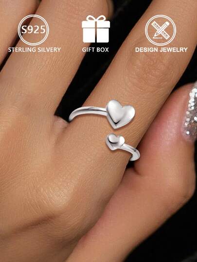 925 Sterling Silver Elegant Heart-Shaped Open Ring, Sweet And Exquisite Style, Suitable For Women, Unique Valentine's Day Gift, Perfect For Daily Wear And Parties
