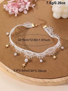 NAIZHU 1/2 buah Kalung Liontin Mutiara Bulan Bintang Renda Manis untuk Anak Perempuan, Cocok untuk Pemakaian Sehari-hari, Pesta, dan Liburan - Putih - View 8