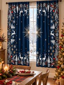 2pcs Christmas Printed Polyester Curtains, Blue White Reindeer Snowflake Pine Branch Christmas Tree Ornament Pattern, Winter Snowy Forest Window Drapes For Living Room Bedroom Dining Room Holiday Party Home Decor - F - View 19