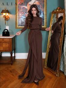 ALIAO Long Sleeve Ribbon Elegant Women's Dress, Suitable For Daily, Dating, Holiday, Wedding Guest, Party, Autumn/Winter Wear - Coffee Brown - View 3