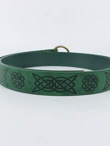 Medieval Celtic Pattern PU Leather Belt, Vintage Round Buckle Waist Cincher, Halloween Renaissance Elf Cosplay Accessory, LARP Theme Party Costume Prop - Green - View 3