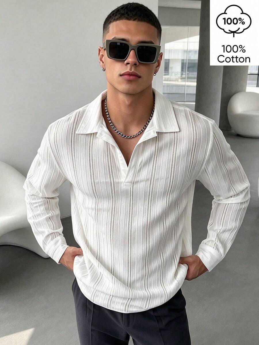 WAIT HIM 100% Cotton Men's Casual Jacquard Long Sleeve Shirt