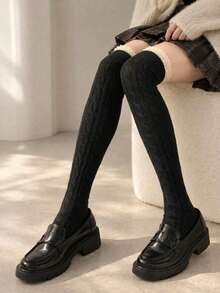 1 Pair Black & White Lace Trim Vertical Stripe Boot Socks, Japanese JK ...