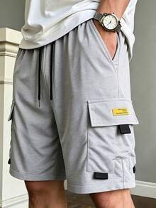 Men's Solid Color Cargo Shorts With Pockets And Drawstring Waist, Comfortable Elastic Waist Multi-Pocket Casual Shorts For Daily, Sports And Outdoor Wear - Grey - View 4