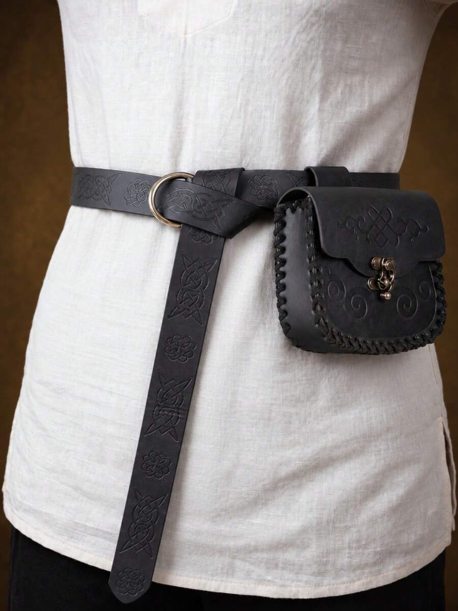 2pcs Viking Knight Belt, Fantasy Roleplay Waist Bag, Medieval Renaissance Viking Market LARP Halloween Cosplay Prop - Black - View 1