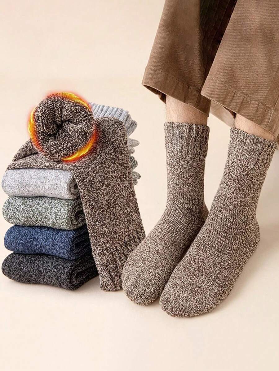 1/5 Pairs Men Thermal Socks Winter Warm Thick Crew Socks Knitted Terry Soft Solid Socks For Cold Weather Hiking - Multicolor - View 1