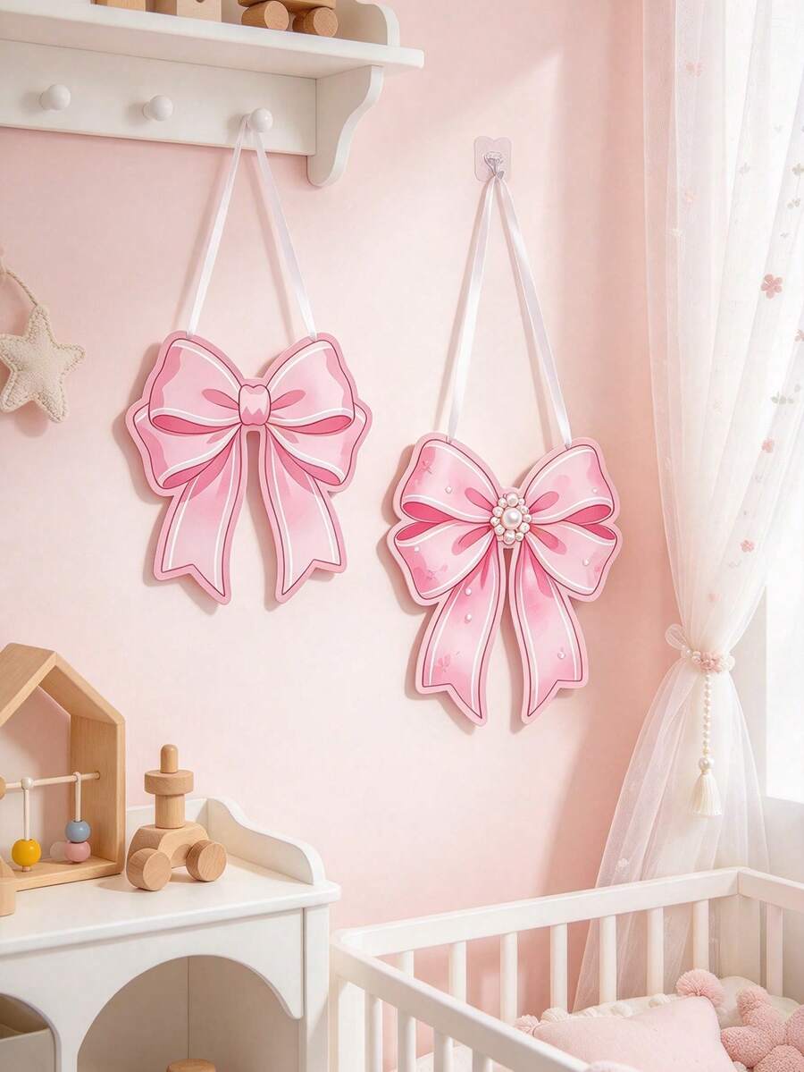 1pc Pink Wooden Wall Hanging Decor, Ribbon & Pearl Rope Braided, Kids Room Girls Room Decoration, Nursery Decor, Baby Essentials - Multicolor - View 1