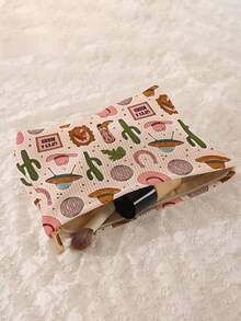 1pc Portable Cosmetic Storage Bag, Denim Hat Cactus UFO Pattern Double-Sided Printed Travel Zipper Makeup Pouch, Multi-Function Toiletries Organizer - Multicolor - View 4