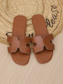 Brown Slide Sandals, Chic Faux Leather Open Toe Slippers With Hollow Cutout Strap, Casual Summer Footwear For Beach Vacation & Daily Party - Brown - View 4
