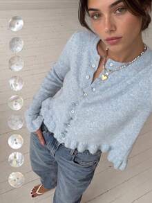 Senya Women's Baby Blue Knit Cardigan, Ruffle Trim Button Front Long Sleeve Sweater, Soft Loose Casual Style Autumn/Winter Daily Layering Top - Baby Blue - View 1