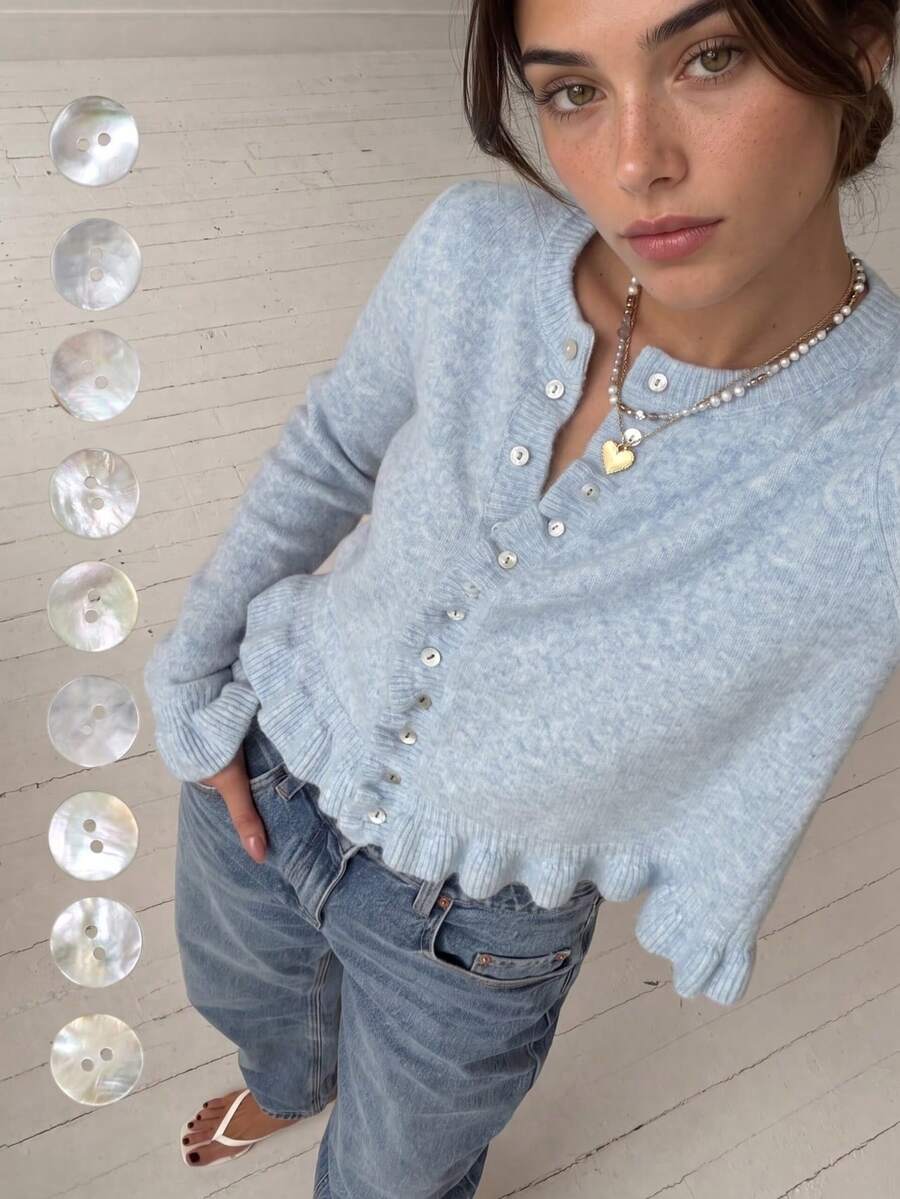 Senya Women's Baby Blue Knit Cardigan, Ruffle Trim Button Front Long Sleeve Sweater, Soft Loose Casual Style Autumn/Winter Daily Layering Top - Baby Blue - View 1
