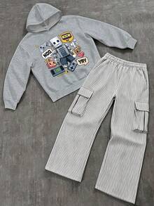 2pcs/Set Pixel Game Street Style Boys Outfit, Retro Pixel Robot Game Print Hoodie + Striped Cargo Pants, Soft Autumn/Winter Streetwear - Grey - View 2