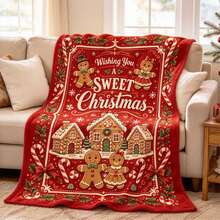 1PC Red Gingerbread House & Gingerbread Man Print Flannel Blanket, Christmas Holiday Sofa Decorative Throw - Multicolor - View 6