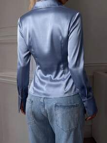 SCARLUX Women's Y2K Satin Lapel Shirt, Slim Fit Long Sleeve Top, Light Blue, Suitable For Street, Commute, Party And Back To School Season - Blue - View 2