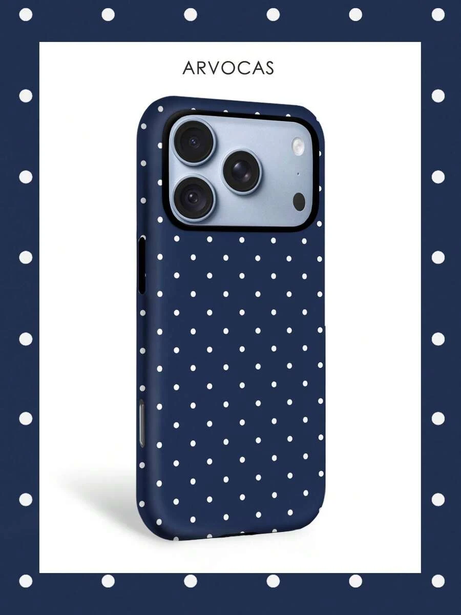 Navy Blue With White Polka Dot Pattern 2-In-1 PC Hard Shell & TPU Soft Inner Case, Matte Finish, Non-Magnetic, Gift, Cover Phone, Matching Phone Cases, Case Compatible With 11 12 13 14 15 16 16e 17 18 Pro ProMax Air - Matte Non-magnetic - View 1