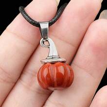 Halloween Pumpkin Witch Hat Black Leather Cord Necklace - Multicolor - View 4