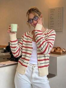 Casual Women's Striped Button-Up Cardigan With Round Neck Long Sleeve And Rib-Knit Details For Everyday Style And Comfort - Apricot - View 5