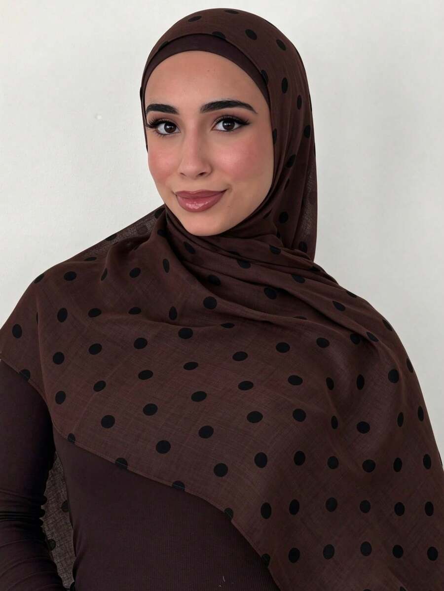1pc Women's Elegant Polka Dot Lightweight Modal Wide-Edge Rectangular Hijab, Classic Prayer Headscarf, Comfortable Breathable Modal Fabric, Premium Heavy-Duty Wide-Edge Hemming, Suitable For Festivals, Daily Wear And Travel - Coffee Brown - View 1