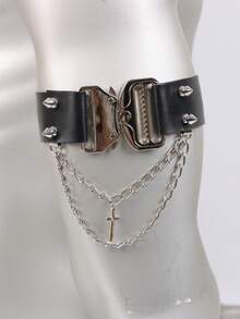 Men's Black PU Leather Gothic Punk Arm Band With Metal Quick Release Buckle, Spiked Rivets, Chain And Cross Pendant, Dark Rock Halloween Cosplay Costume Accessory - A - View 3