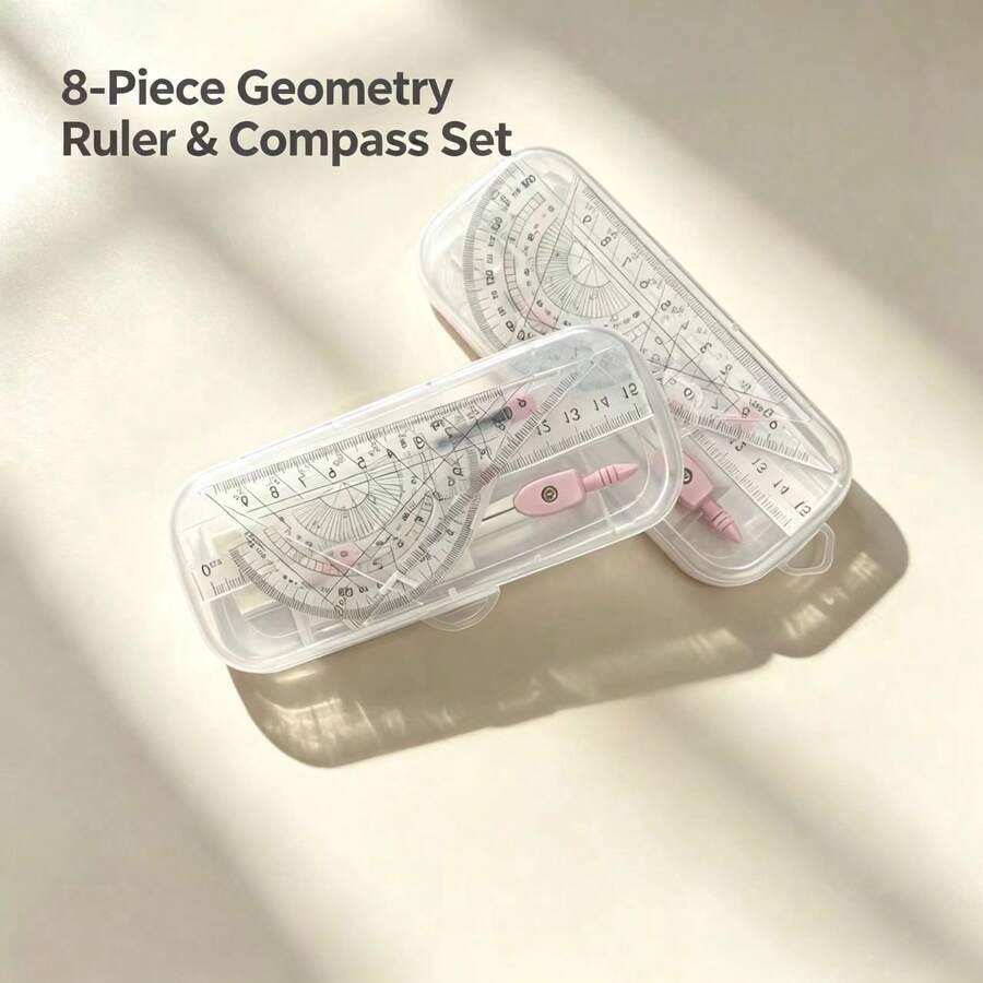 8pcs Geometry Math Drawing Tool Kit, Compass Ruler Protractor Triangle Ruler Eraser Pencil, Portable Stationery With Storage Box, Christmas Holiday Gift - A - View 1