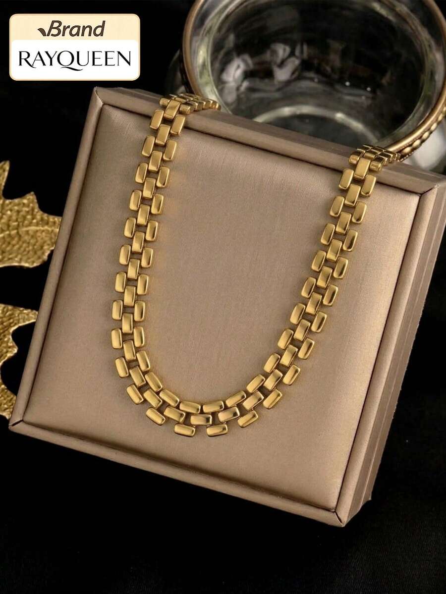 RAYQUEEN 1 قطعة طقم قلادة وسوار سلسلة هندسية من الفولاذ المقاوم للصدأ بأسلوب الهيب هوب، إكسسوار زخرفي للنساء، مناسب للارتداء اليومي والإهداء - الذهبي - مشاهدة 1