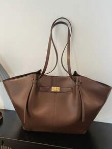 Women Large Capacity Tote Bag, Elegant PU Leather Shoulder Handbag, Minimalist Work Purse, Fashion Top Handle Bag For Daily Commute - Coffee - View 5