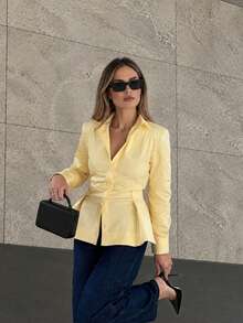 Women Fall Fashion Elegant Casual Yellow Collared Long Sleeve Shirt For Office Work Going Out Daily - Yellow - View 1