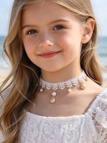 NAIZHU 1/2pcs Children's Sweet Lace Faux Pearl Choker Necklace, Suitable For Girls' Daily Wear, Party And Vacation - White - View 3