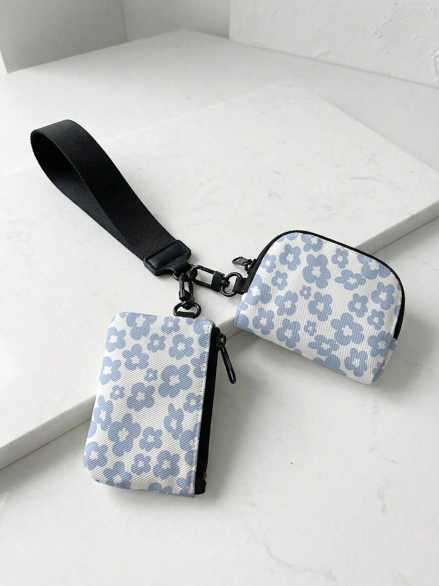 1pc Blue Flowers Print 2-In-1 Wristlet Coin Purse, Key & Earphone Pouch, Lipstick & Card Holder, For All-In-One Storage Of Small Miscellaneous Items - Multicolor - View 1
