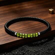 Natural Peridot And Obsidian Beaded Elastic Bracelet, Men's Minimalist Daily Versatile Bracelet Gift - Multicolor - View 5
