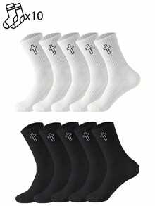 1/5/10/20 Pairs Men's Cross Pattern Mid-Calf Socks, Simple Versatile, Waist Striped Anti-Slip Shock-Absorbing, Comfortable And Soft - Black and White - View 21