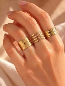 3 st/set vintage guldfärgade texturerade överdrivna chunky ringar, bohemiska öppna stapelbara breda ringar för kvinnor med solmönster och hamrad finish - Guld - Visa 4