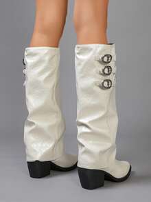 Vintage Women's Pointed Toe Chunky Heel Triple Buckle Slouchy High Tube Boots - White - View 5