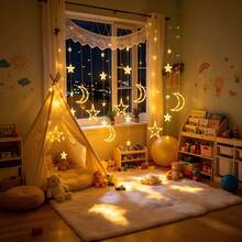 Solar Energy Star Moon Curtain LED Lights, Twinkling Hanging Window Decor Lamps, Waterproof, Romantic Lighting For Dorm, Backyard, Ramadan, Birthday & Festival - Star and Moon Night Light - View 6