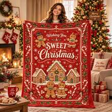 1PC Red Gingerbread House & Gingerbread Man Print Flannel Blanket, Christmas Holiday Sofa Decorative Throw - Multicolor - View 1
