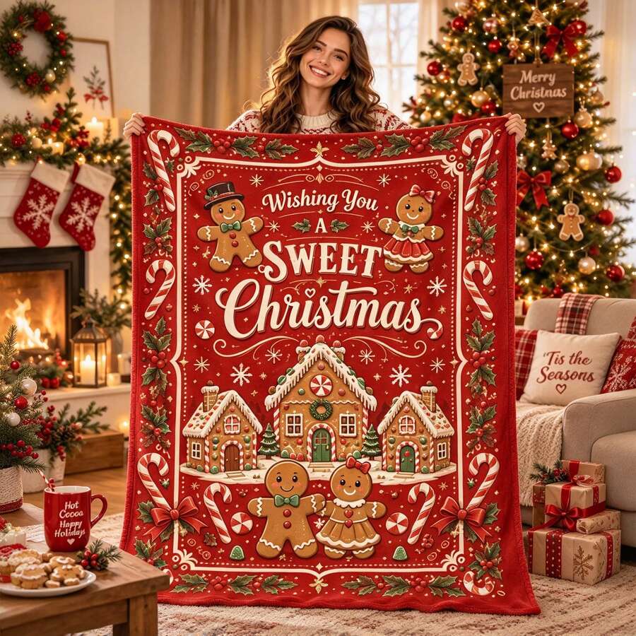 1PC Red Gingerbread House & Gingerbread Man Print Flannel Blanket, Christmas Holiday Sofa Decorative Throw - Multicolor - View 1