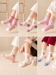 10Pairs RandomGirls Warm Crew Socks, High Elastic Stretch, Soft Cozy Warmth, Cute Bunny & Flower Patterns, Autumn Winter Socks For School & Daily Wear - Multicolor - View 4