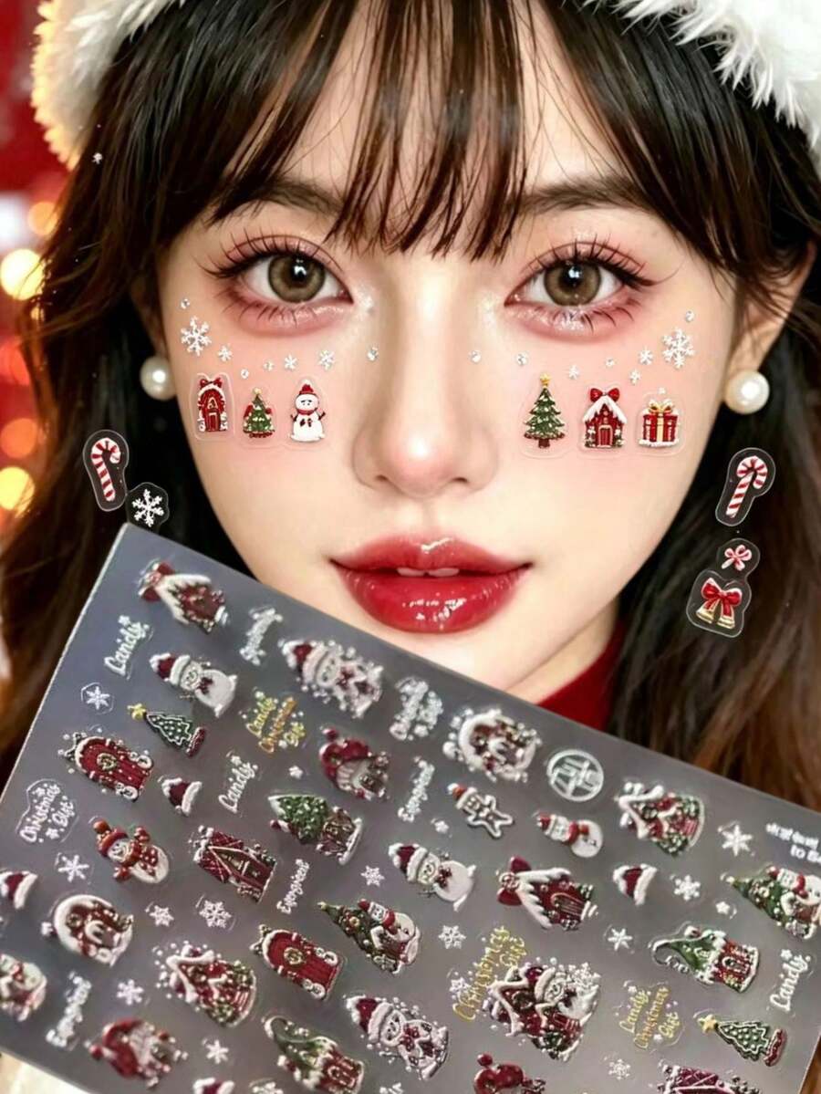 1件裝聖誕卡通3D臉部貼紙 自黏免膠水 聖誕老人雪人拐杖糖貼紙 聖誕新年派對臉部眼妝裝飾貼紙 節日拍照氛圍妝容貼紙 - 彩色 - 查看 1