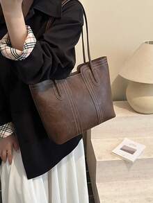 Fashionable Retro Solid Color PU Shoulder Tote Bag, Suitable For Women Shopping, Commuting And Daily Use - Coffee - View 4