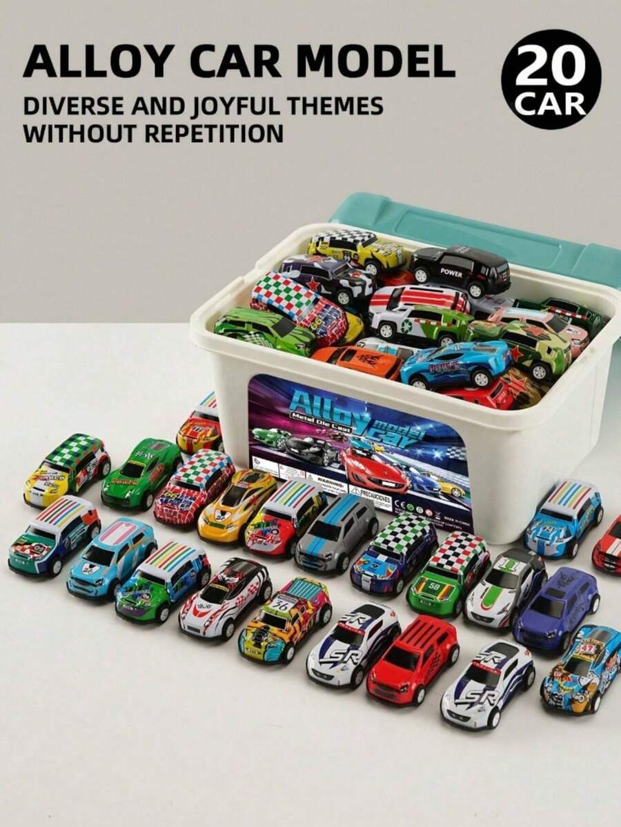 20pcs Warrior Alloy Toy Cars, Random Color And Pattern Small Car Storage Bucket Set Alloy Toy Cars - Multicolor - View 1