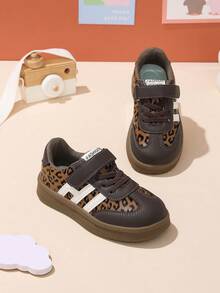 Fashion Leopard Print Patchwork Kids' Sports Shoes, Non-Slip Soft Sole, Hook And Loop Closure, Boys' And Girls' School Shoes, Comfortable Daily Walking And Training Shoes - Brown - View 6