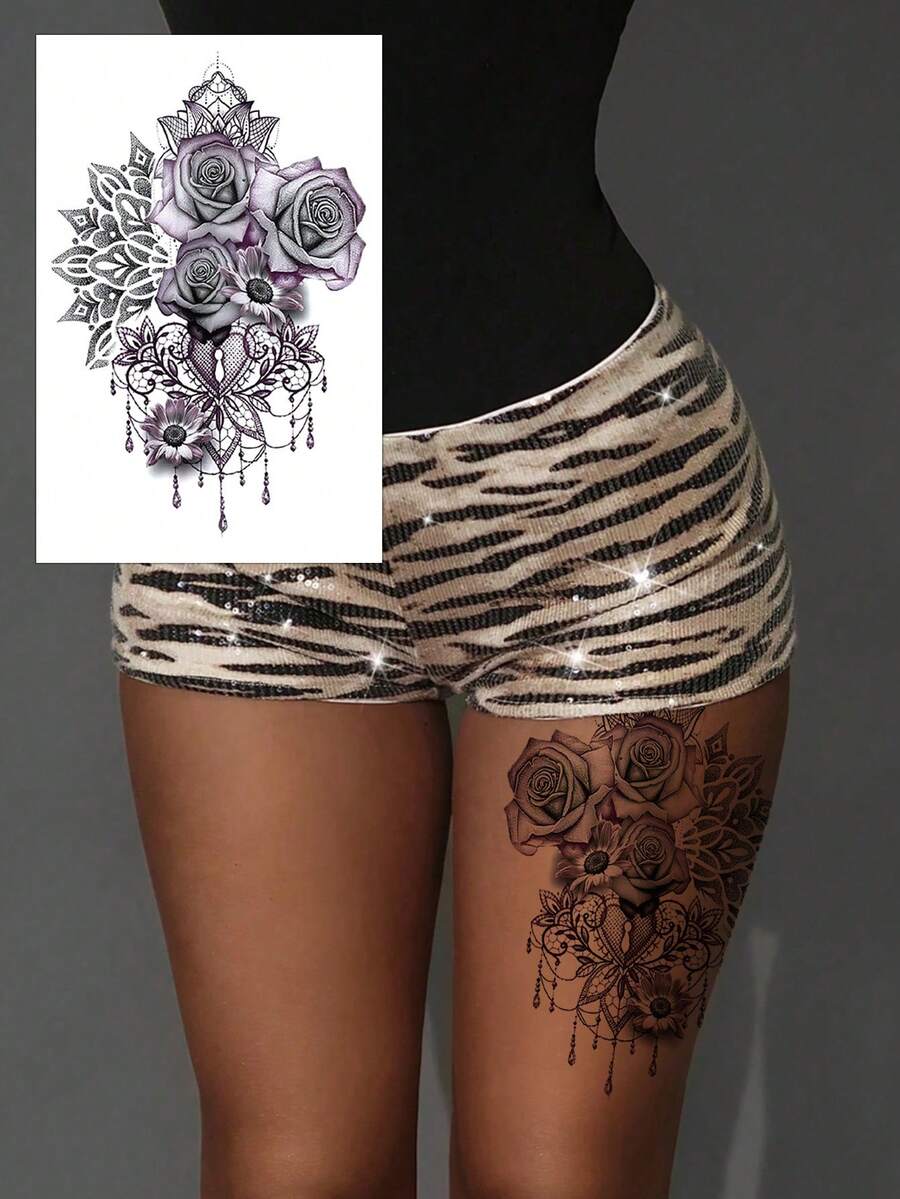 1pc Rose Chain Temporary Tattoo Sticker, Floral & Chain Print Pattern, Suitable For Women's Legs, Back, Waist, Arms, Waterproof & Sweat-Resistant, Cool Tattoo Sticker, Looks Very Realistic, Easy To Apply And Remove, Wedding, Music Festival, Party Supplies - Black - View 1