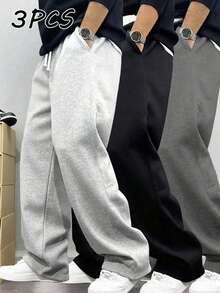 3pcs Men's Solid Color Wide Leg Casual Sweatpants, Daily Casual Wear, Straight Loose Leg, Elastic Waistband With White Drawstring Design, Draped Straight Leg Loose Fit Sweatpants, Suitable For Jogging, Fitness, Campus, Versatile, Great Gift Choice Casual Apparel - Multicolor - View 2