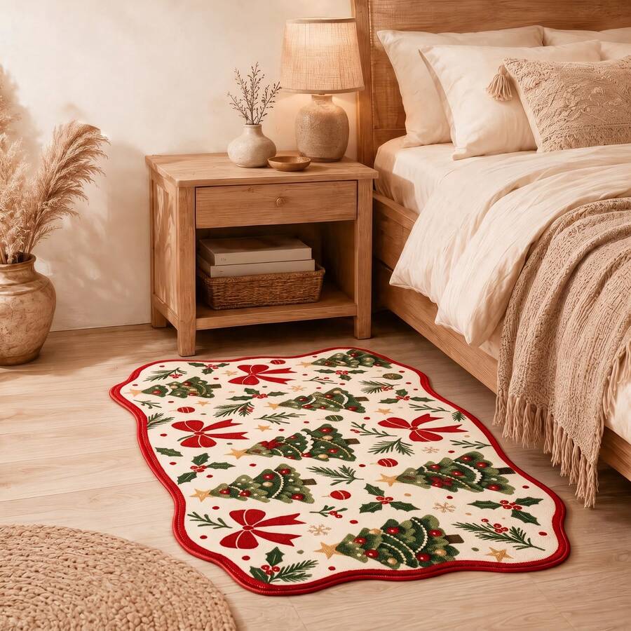 1pc, Washable Non-Slip Vintage Christmas Tree Bow Shaped Velvet Rug, Non-Slip Bottom With Soft And Delicate Surface, Suitable For Bedside Rug, Entrance Mat, Living Room, Bedroom, Bathroom, Kitchen, Machine Washable, Wear-Resistant And Easy To Clean, Modern Home Decor, Bedroom Bathroom Decor Rug, Housewarming Gift, Christmas Gift, Moving Gift And Other Occasions, Carpet, Rug, Living Room Rug, Bedroom Carpet, Geometric Rug, Vintage Rug, Hallway Runner, Aesthetic Room Decor, Fall Home Decor - C - View 1
