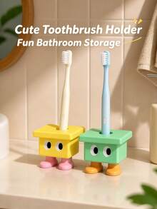 Cute Cartoon Little Stool Shape Toothbrush Holder, Small Square Toothbrush Stand With Big Eyes, Creative Bathroom Countertop Toothbrush Storage Rack, Desktop Decorative Toothpaste Organizer, Bathroom Accessory Gift - Multicolor - View 2
