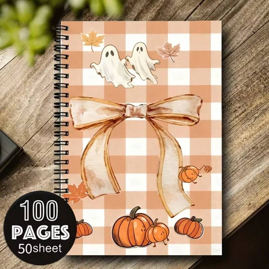 Hardcover Pumpkin Spiral Notebook - Cute Smiling, Cover With Bow And Autumn Leaves, College Ruled Diary For Office, Halloween, Christmas Teacher Gift, Durable Binding, Small Size - One Book (50 Pages, 100 Pages) - View 1